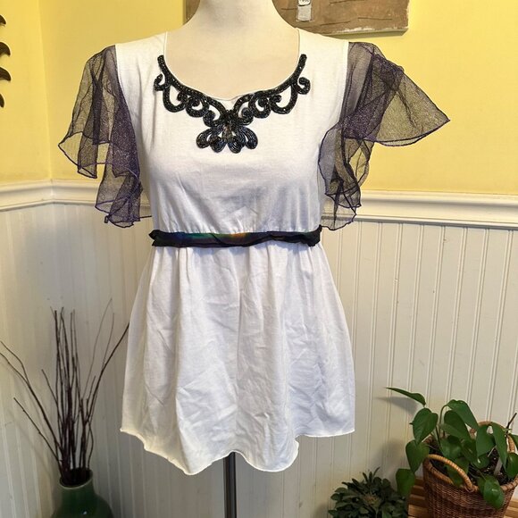 Ana Sui Y2K White Top Sequin Beaded Sheer Mesh Belted Rainbow Blouse M/L - Picture 1 of 8